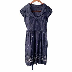 Ann Taylor Navy Eyelet Scalloped Dress Womens Size 0 Peter Pan Collar Belted